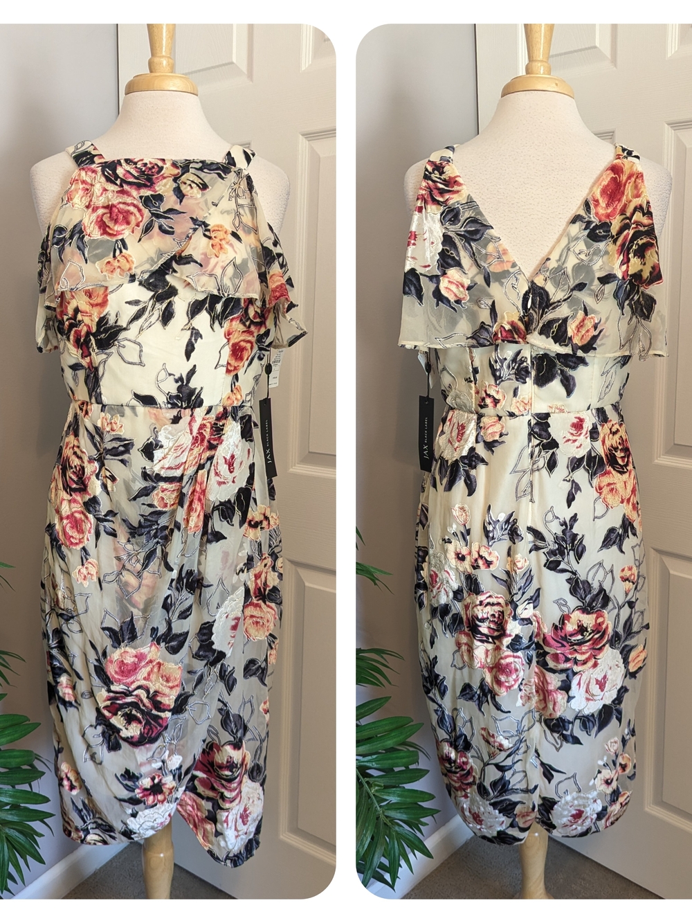 Neiman Marcus | Jax Black Label Ivory Cream Pink Floral Velvet Tulip Midi Dress